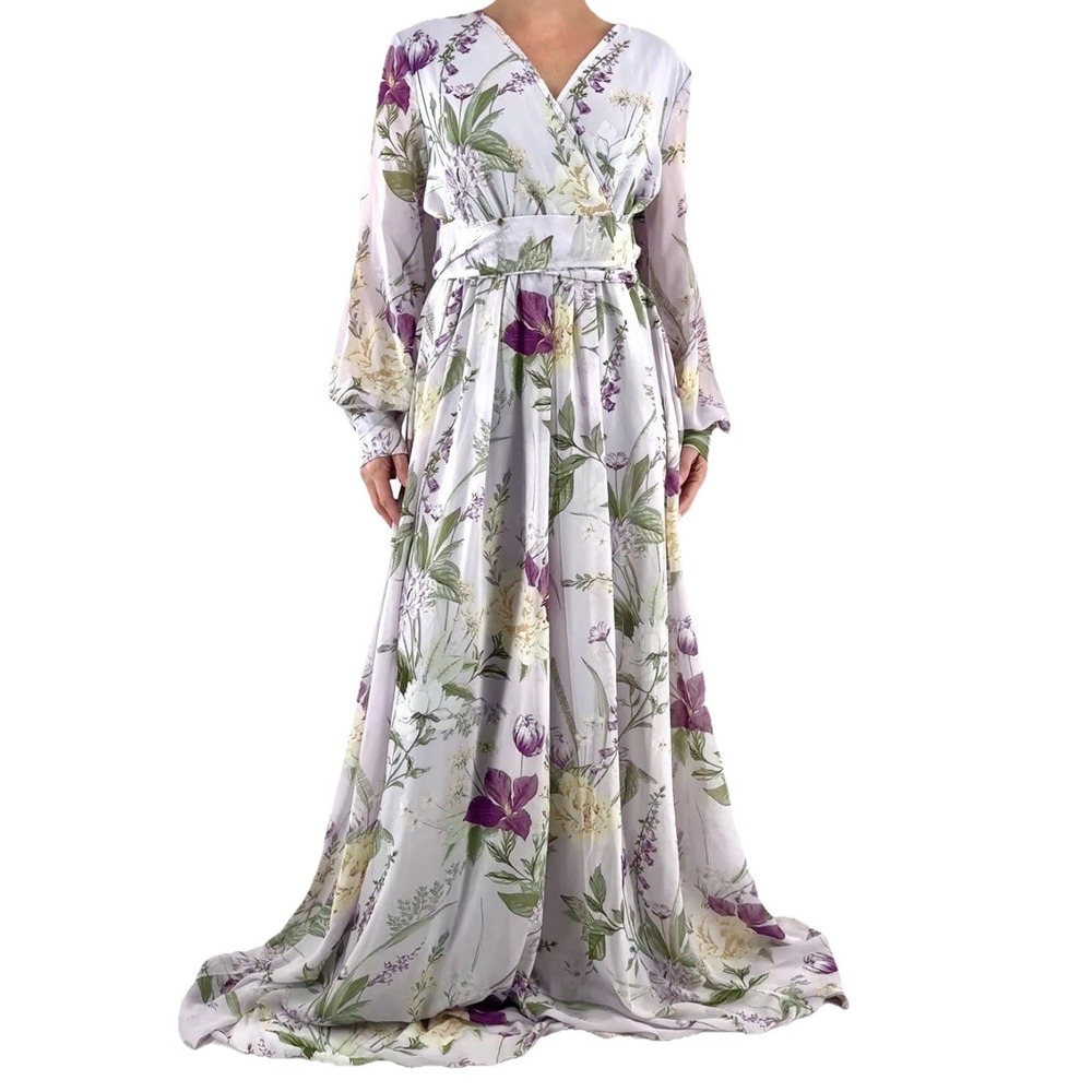 Romantic Floral Chiffon Maxi Dress L Regency Fairy Whimsical Wedding Event Flowy